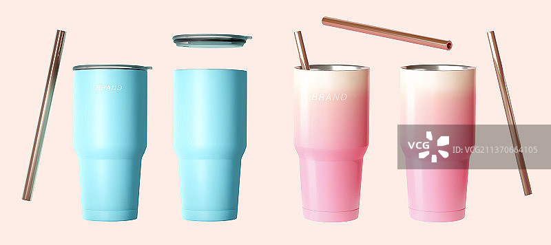 粉色与蓝色冰霸杯与吸管素材集合图片素材