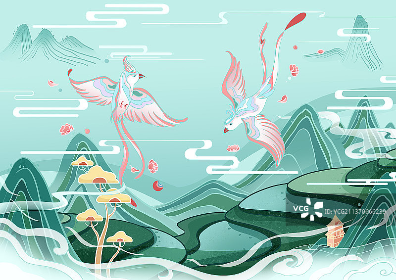 大暑节气田园喜鹊国潮风格图片素材