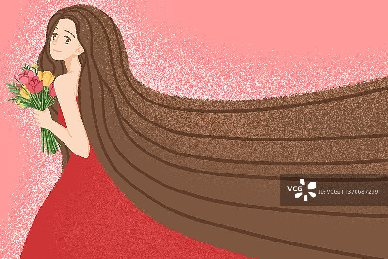 手捧花束的长发女生图片素材