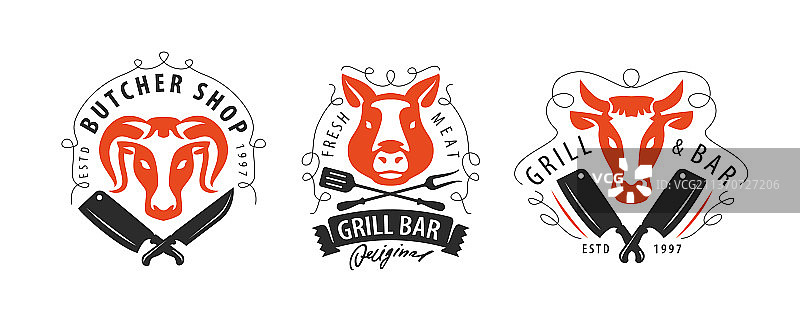 农场动物肉类标志合集：牛肉、猪肉、羊肉图片素材