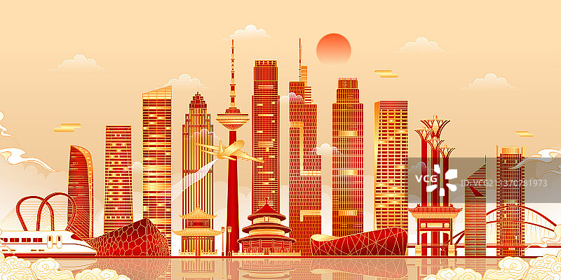 新年中国各地城市地标建筑组合矢量插画图片素材