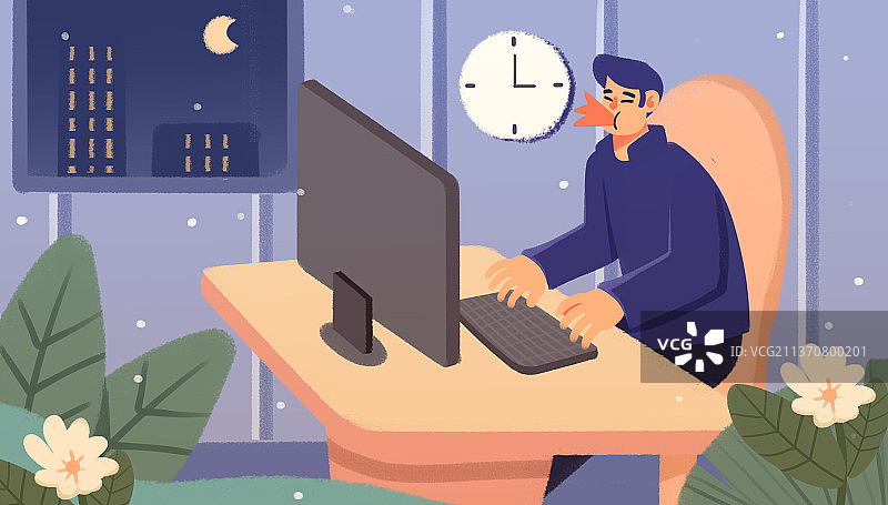 卡通手绘现代白领疲劳工作插画图片素材