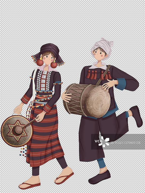 敲锣打鼓的德昂族少年与少女图片素材