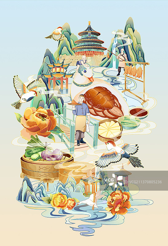 国潮插画 美食插画 北京烤鸭 天坛图片素材