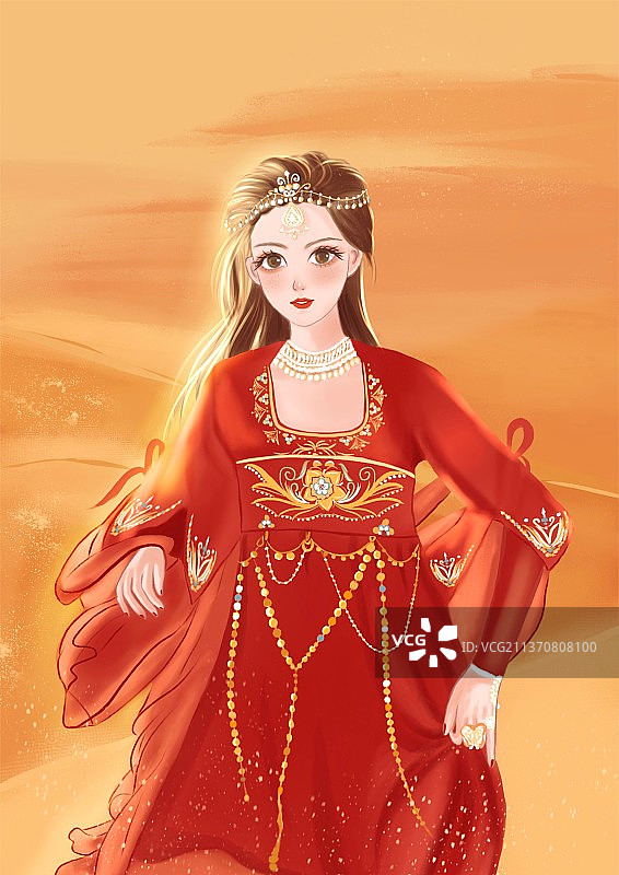 一位身穿西域民族服饰的姑娘在沙漠中奔跑图片素材
