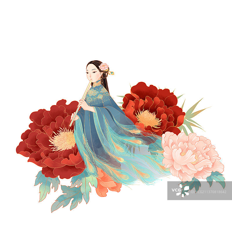 中国古代吹笛女子与牡丹国潮插画图片素材