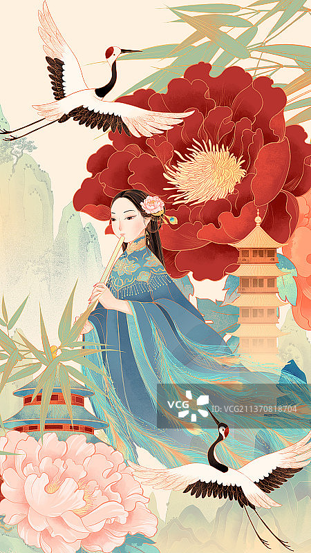 中国古代吹笛仙女与仙鹤牡丹建筑国潮插画图片素材