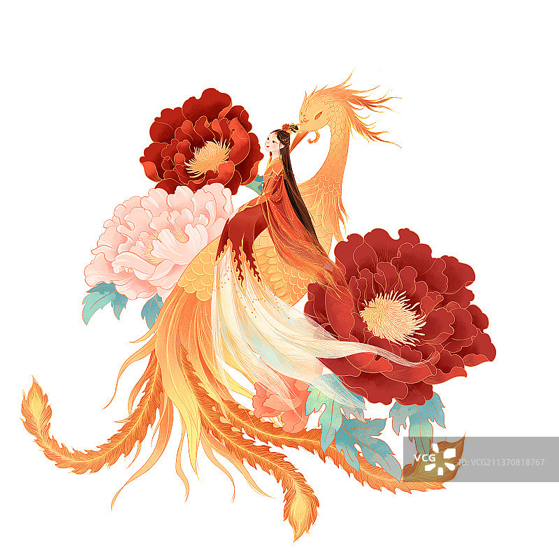 中国神话传说凤凰九天玄女牡丹国潮插画图片素材
