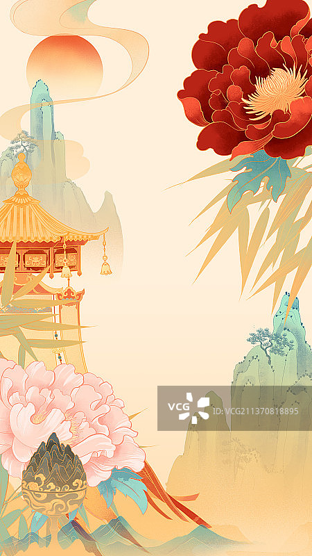中国博山炉宫殿祥云青山牡丹国潮插画图片素材