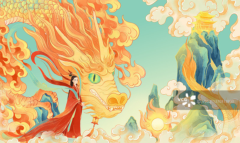 中国神话传说金龙青山祥云宝珠神仙国潮插图片素材