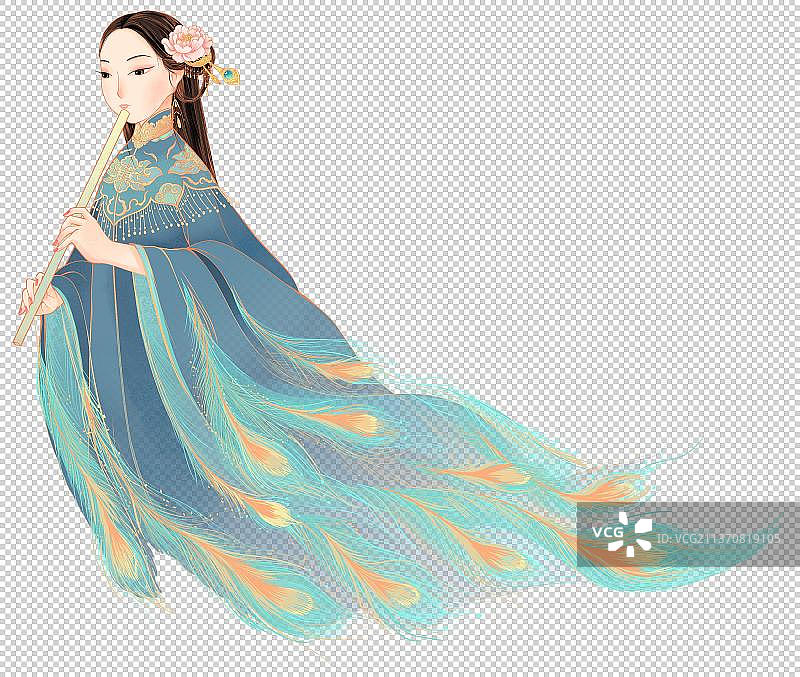 中国古代吹笛穿孔雀羽衣的女子国潮插画图片素材