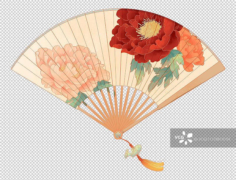 中国古代带鱼玉吊坠牡丹花纹折扇图片素材