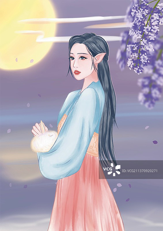 圆月时分一个身穿汉服的女子抱着一只毛茸茸的兔子图片素材