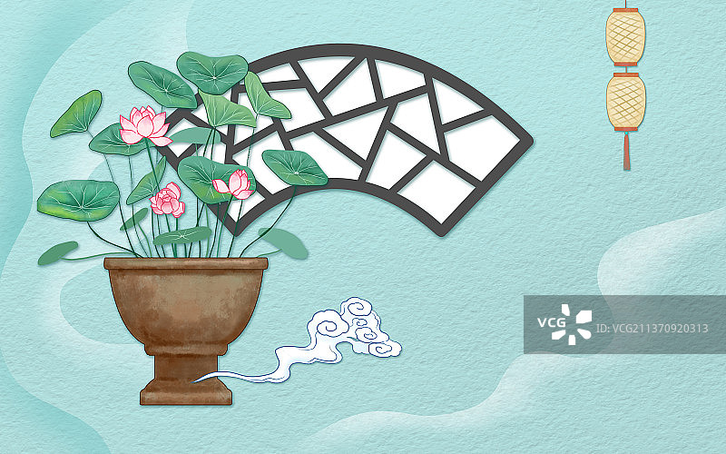 国风荷花灯笼花窗夏季图图片素材