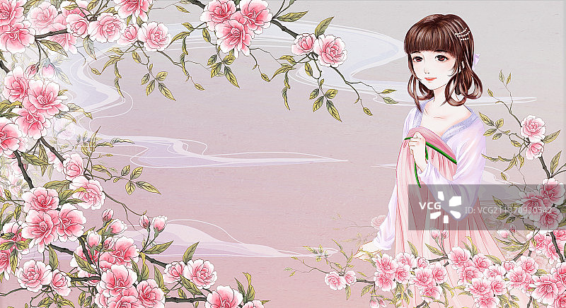 二次元女孩唐朝丫头花簇背景展板横版图片素材