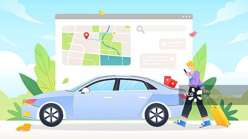 扁平渐变线上叫车旅游出行插画图片素材