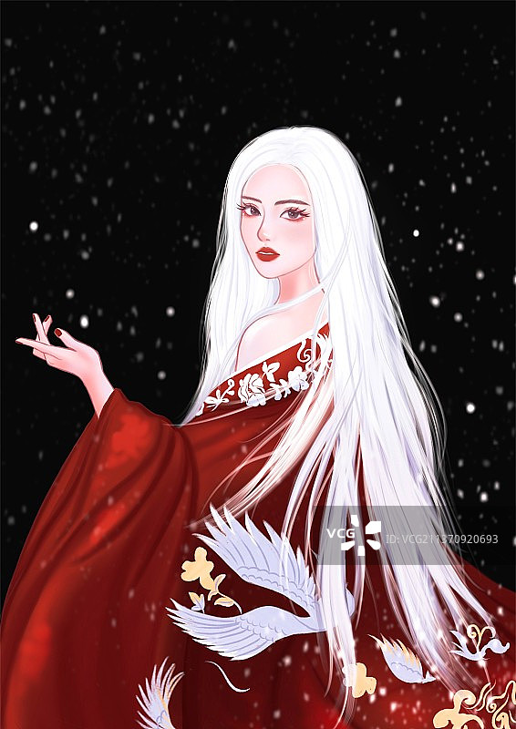 一位有这白色长发身穿红色汉服的女子图片素材
