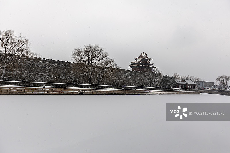 风雪中的北京故宫护城河筒子河图片素材