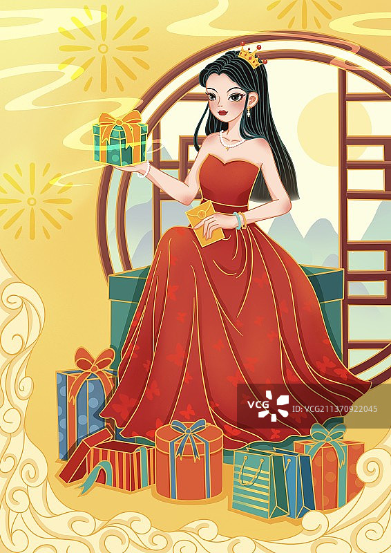 戴着王冠的女王坐在礼物上的妇女节插画图片素材