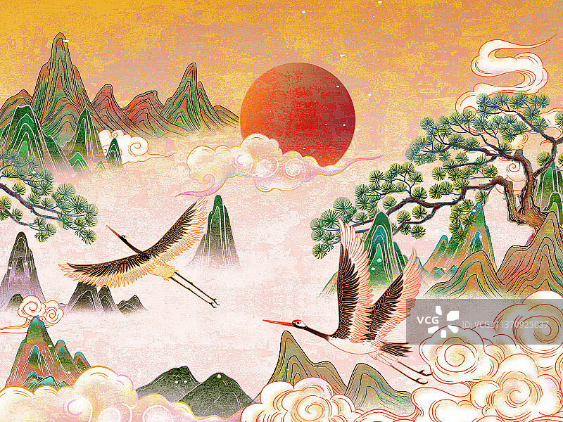 重阳节登高望远仙鹤插画海报图片素材