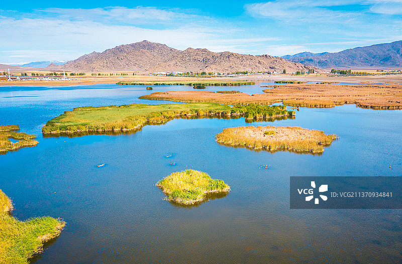 新疆阿勒泰富蕴县可可托海可可苏里野鸭湖湖泊芦苇湿地自然风光图片素材