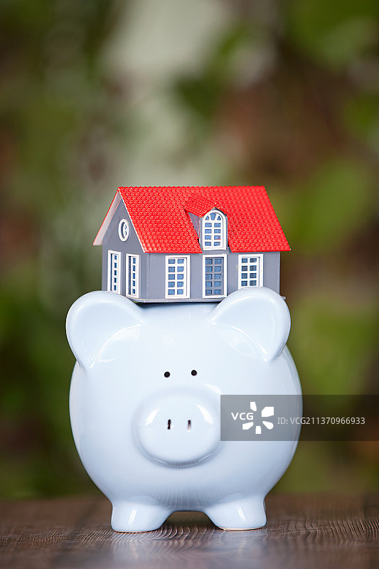 小猪存钱罐和上面的小房子图片素材