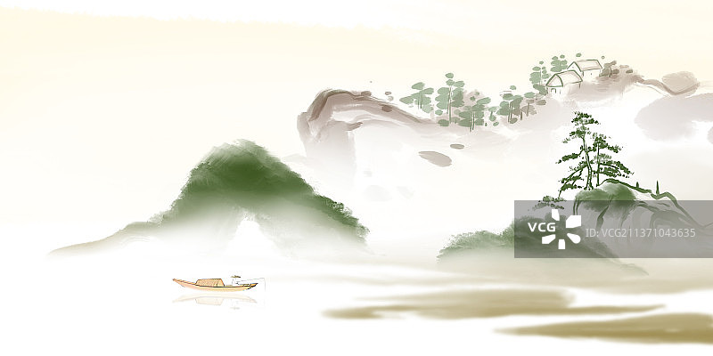 清新高雅水彩风景画钓鱼小船图片素材