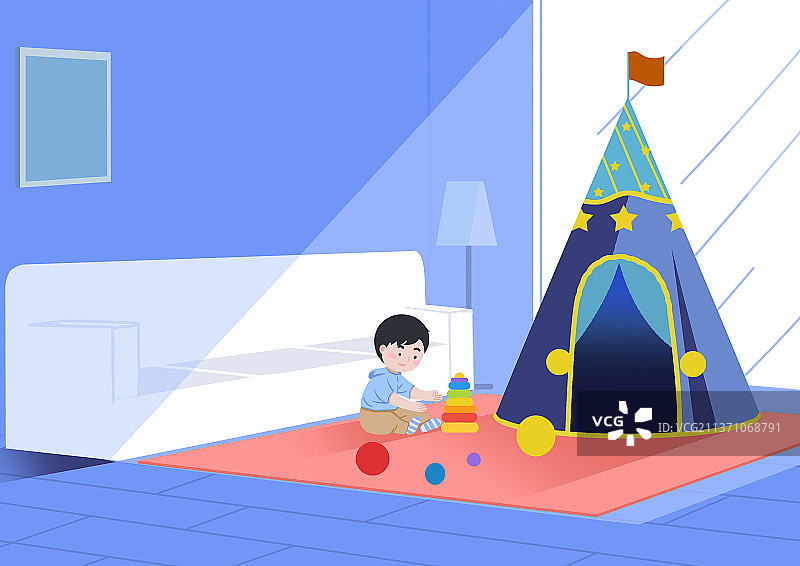 温馨家庭童年小时候儿童孩子客厅玩耍游戏玩玩具美好生活方式插画图片素材