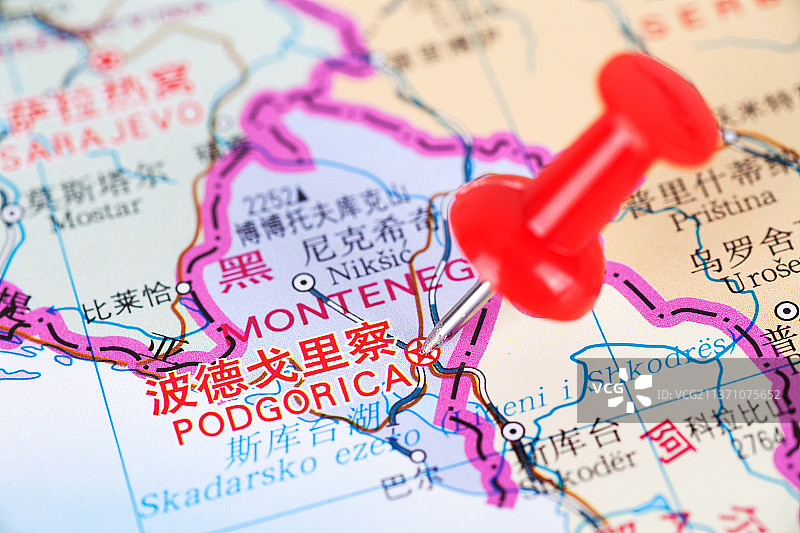 黑山首都波德戈里察在地图上的位置标注图片素材