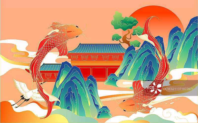 国潮锦鲤插画中国风山水鲤鱼风景活动海报图片素材