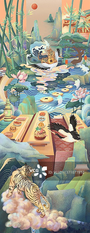 新中国国潮虎年插画图片素材