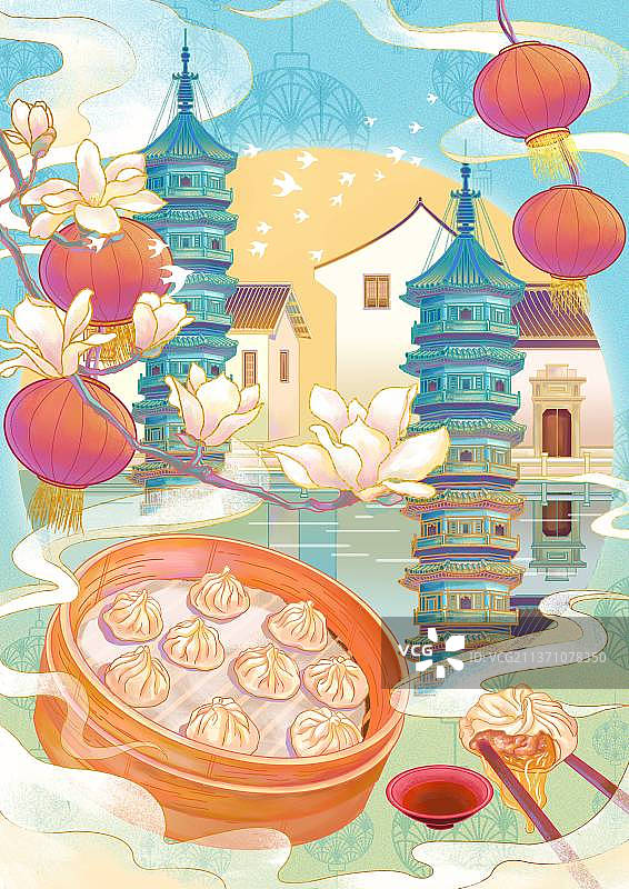 国潮风城市美食原创插画南翔小笼图片素材