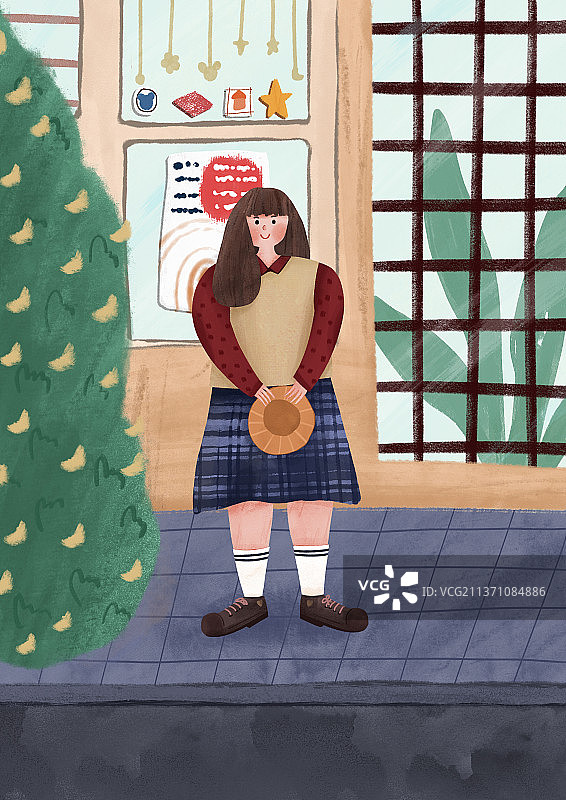 街道上拿帽子的女孩图片素材