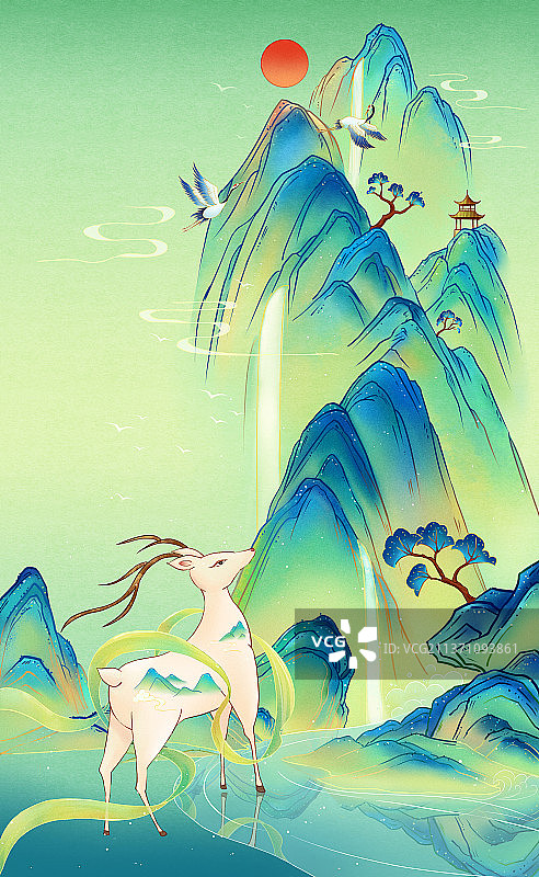 国潮风青绿山水插画图片素材