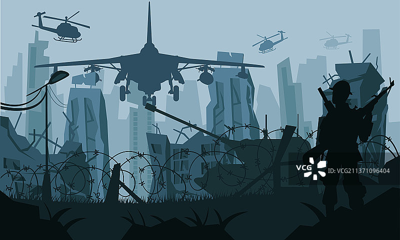 建筑倒塌的城市下面有坦克和士兵上面有战斗机图片素材