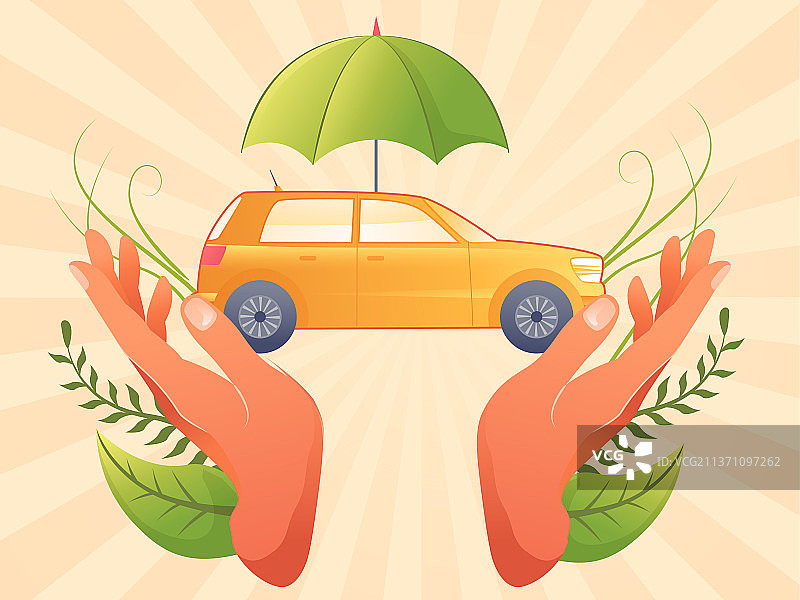 双手张开上面有一把伞保护汽车矢量插画图片素材