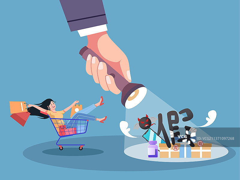 手拿着手电筒照亮假冒产品旁边有个购物者图片素材