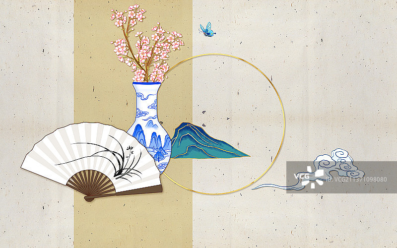 国风折扇青花瓷花蝶图图片素材