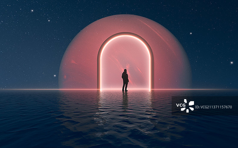 星空下的海平面上的神秘星球发光门的小人图片素材