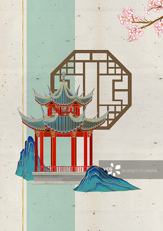 国风复古花窗亭子图图片素材