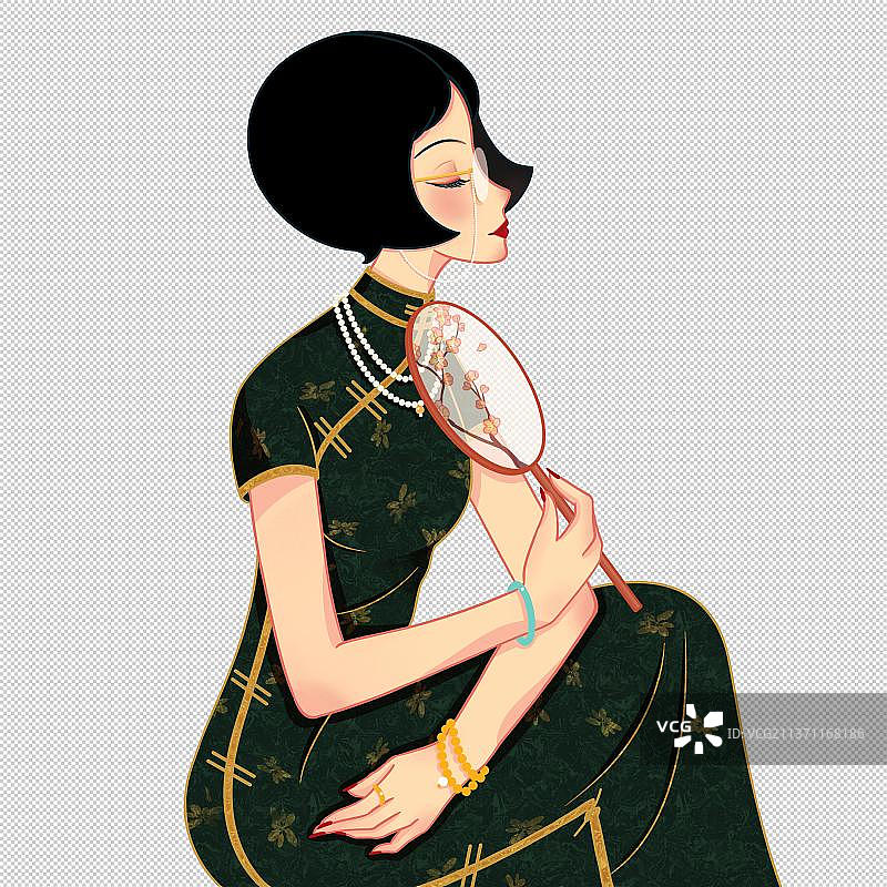 穿旗袍的女人拿着团扇优雅的坐姿图片素材