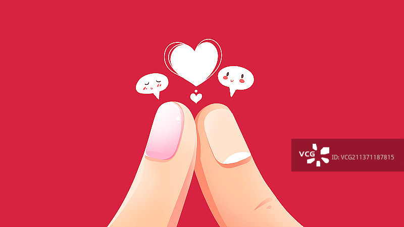红色唯美卡通情人节插画，男女手指相碰，冒出爱心，和两个害羞的表情包图片素材