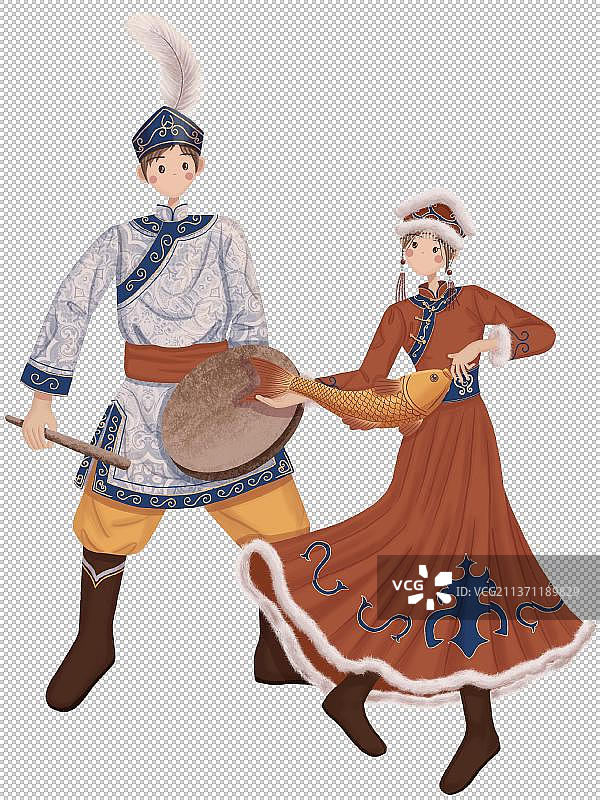 抱大鱼的赫哲族少女与打撒满鼓的赫哲族少年图片素材