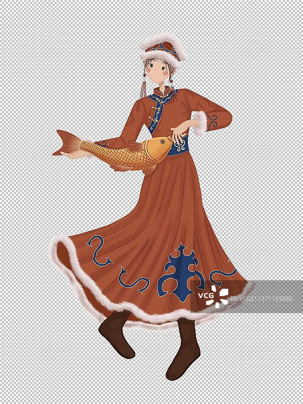 抱着大鱼的赫哲族少女图片素材