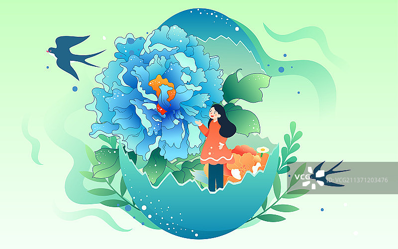 春分立蛋习俗插画春天牡丹盛开风景活动海报图片素材