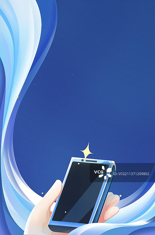蓝色唯美卡通扁平手机科技插画，单手拿着智能手机，搭配扁平曲线背景图片素材