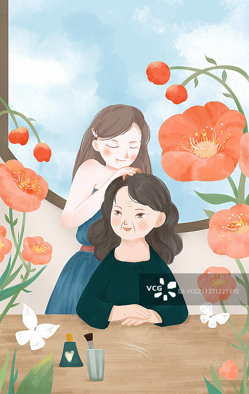插画节日母亲节女儿给妈妈梳头小清新图片素材