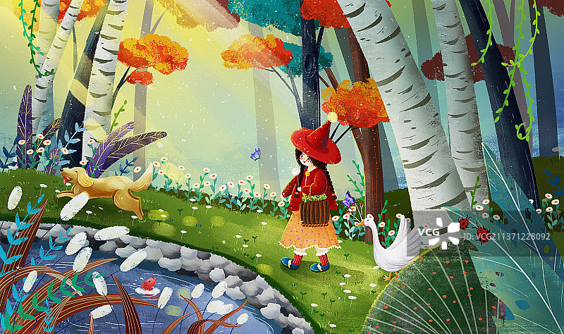 小女孩在森林里游玩图片素材