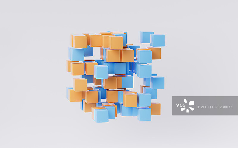 白色背景下的聚集的立方体结构3D渲染图片素材