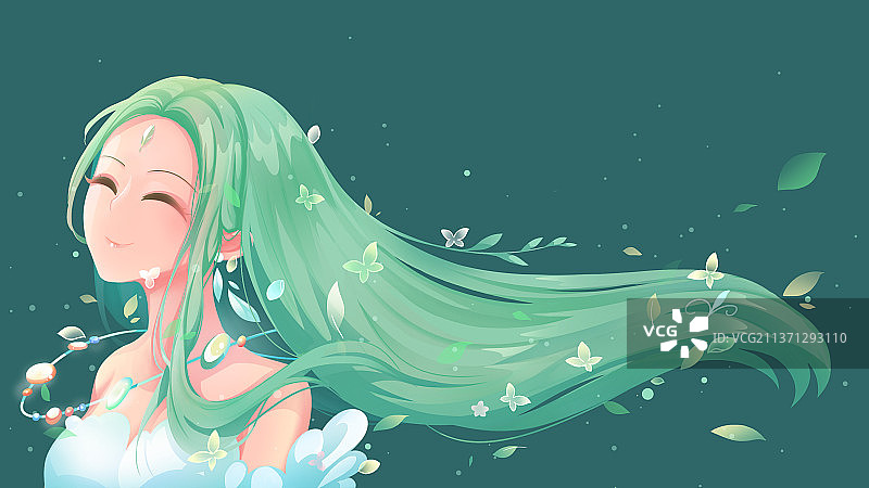 绿色唯美卡通春季人物插画，绿色长发上生长着绿叶与蝴蝶的美女图片素材